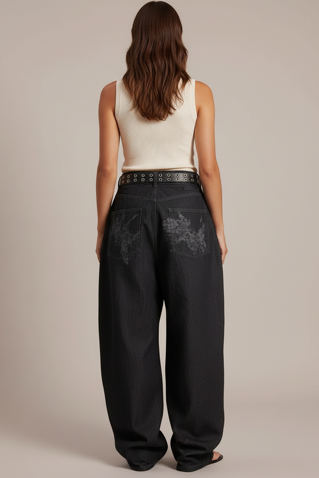 Pantalon Baggy Noir Ample Imprimé Streetwear Femme - Jean - vue 2