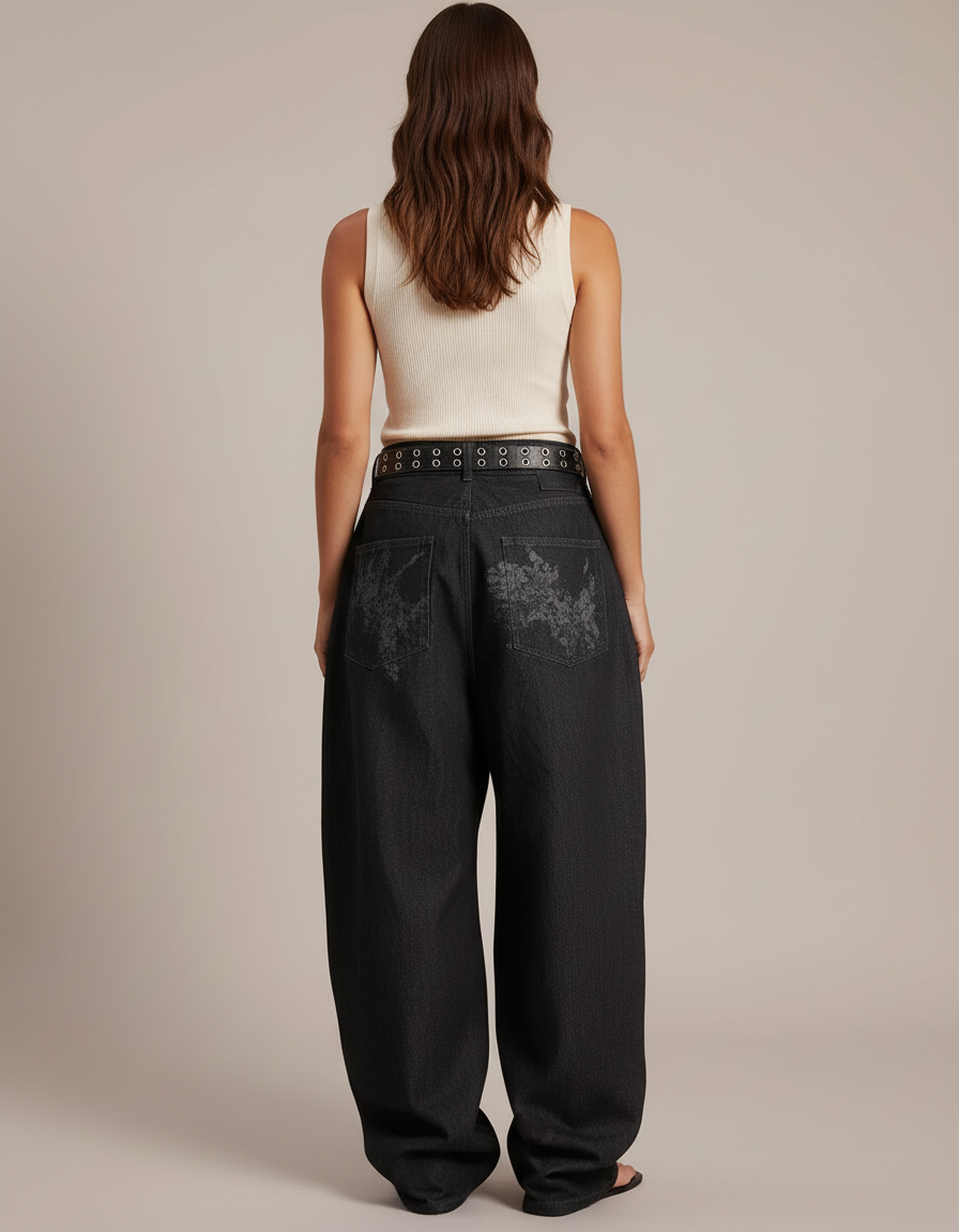 Pantalon Baggy Noir Ample Imprimé Streetwear Femme - Jean - vue 2