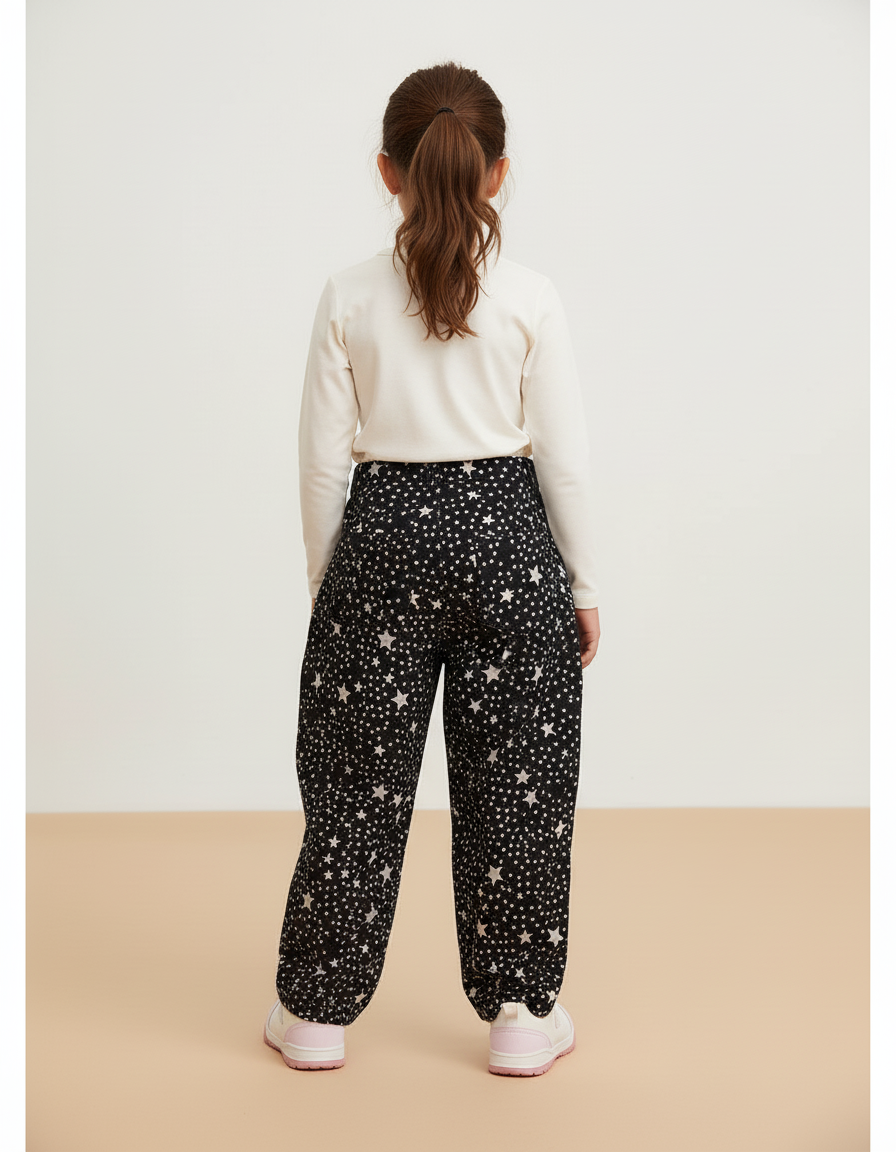 Pantalon Baggy Noir Étoiles Imprimé Ample Confortable Enfant - Molleton - vue 2