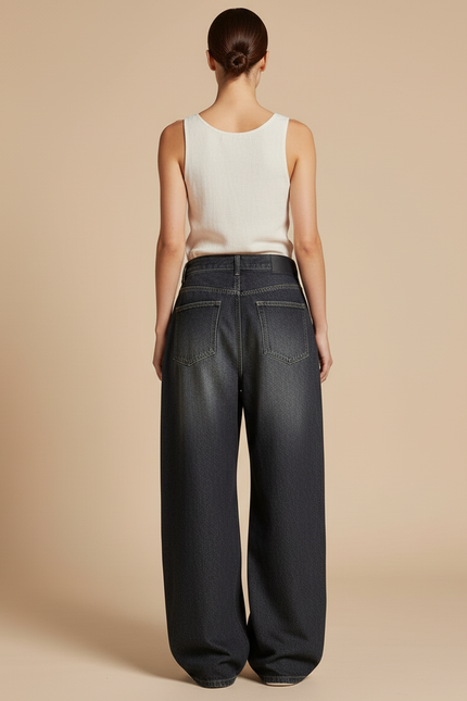 Pantalon Baggy Denim Noir Ample Taille Haute - Jean - vue 2
