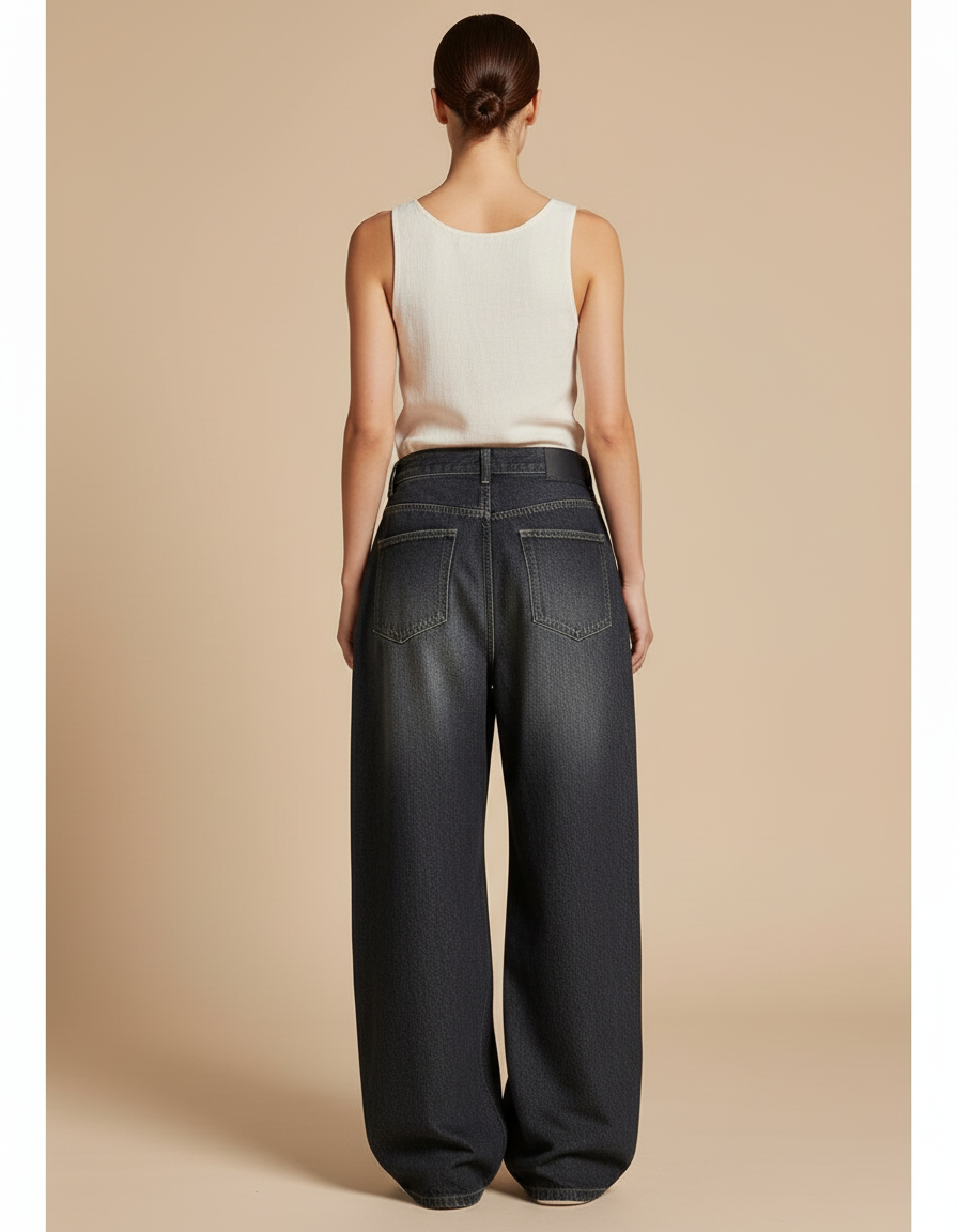 Pantalon Baggy Denim Noir Ample Taille Haute - Jean - vue 2