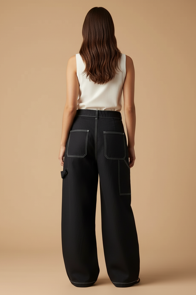 Pantalon Baggy Noir Denim Large Surpiqûres Contrastées - Jean - vue 2