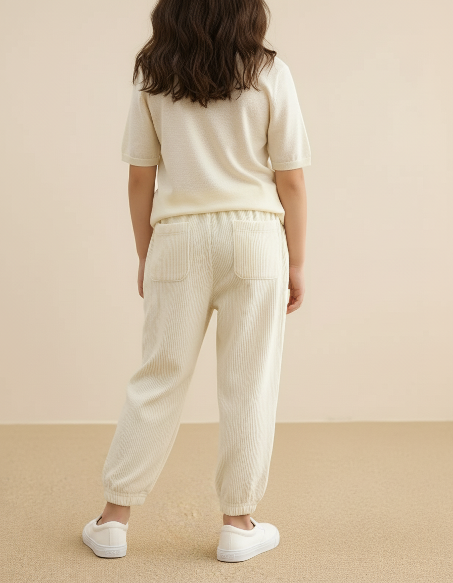 Pantalon Baggy Côtelé Beige Ample Cordon Vert Enfant - Cordé - vue 2