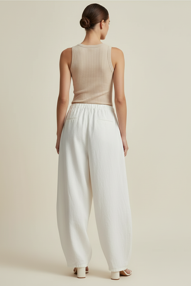 Pantalon Baggy Blanc Lin Ample Élastique Femme - vue 2