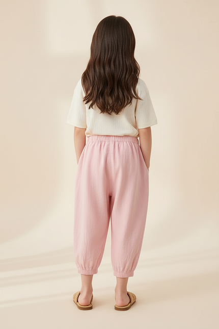Pantalon Baggy Rose Pâle Coton Lin Ample Enfant - vue 2