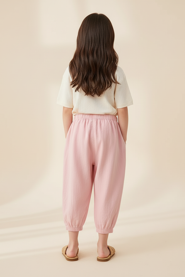 Pantalon Baggy Rose Pâle Coton Lin Ample Enfant - vue 2