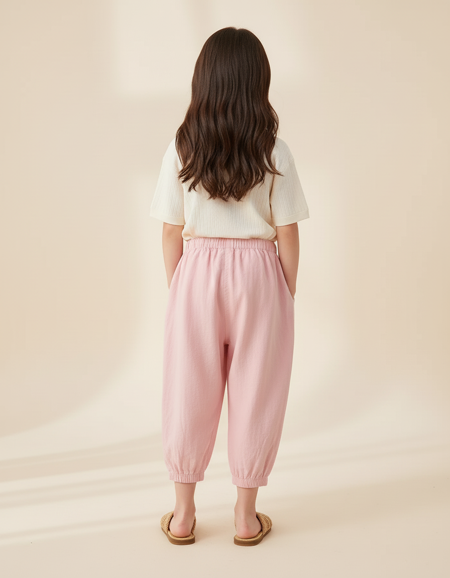 Pantalon Baggy Rose Pâle Coton Lin Ample Enfant - vue 2