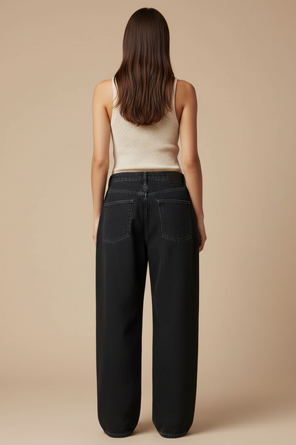Pantalon Baggy Noir Brodé Large Taille Haute - Jean - vue 2
