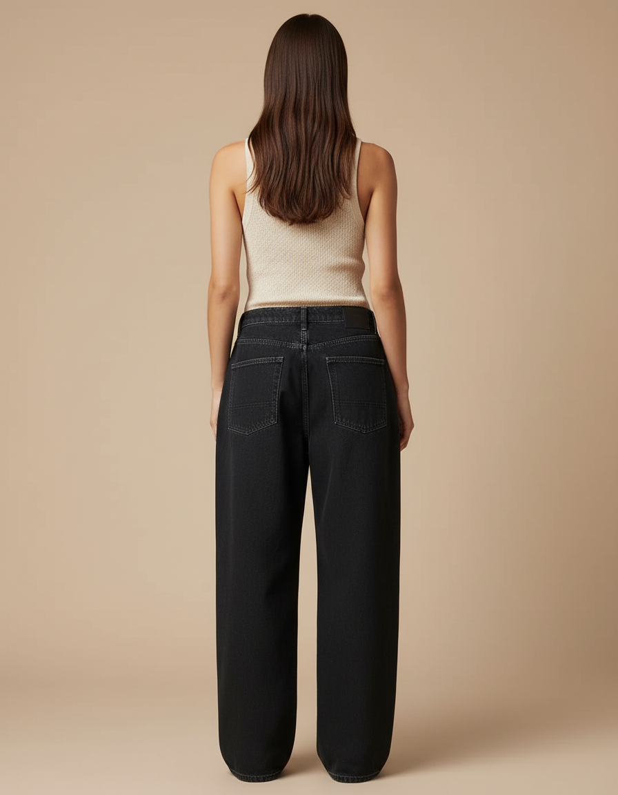Pantalon Baggy Noir Brodé Large Taille Haute - Jean - vue 2