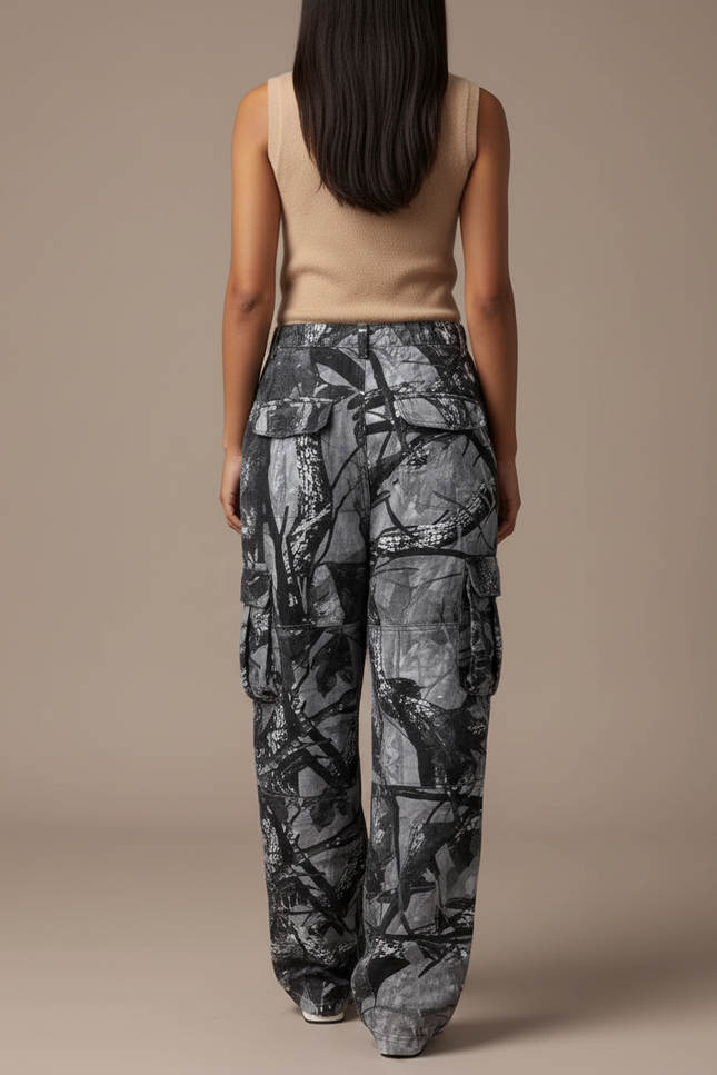 Pantalon Baggy Camouflage Gris Cargo Ample Femme Y2K - Toile - vue 2