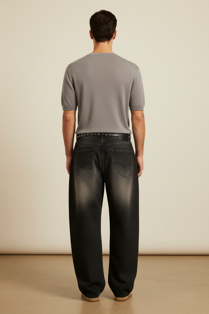 Pantalon Baggy Noir Délavé Ample Denim Homme - Jean - vue 2
