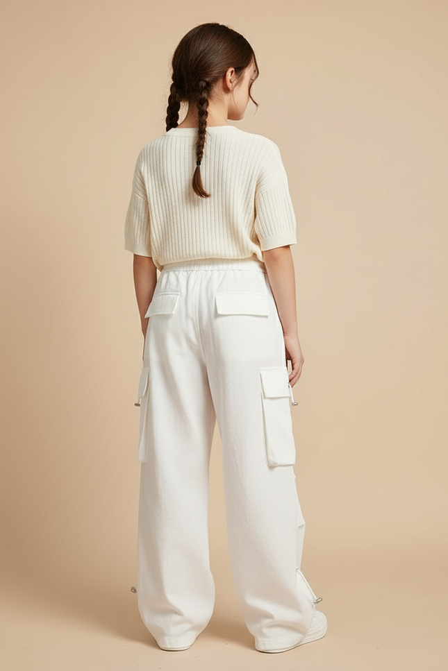 Pantalon Baggy Blanc Cargo Ample Streetwear Cordon - Molleton - vue 2