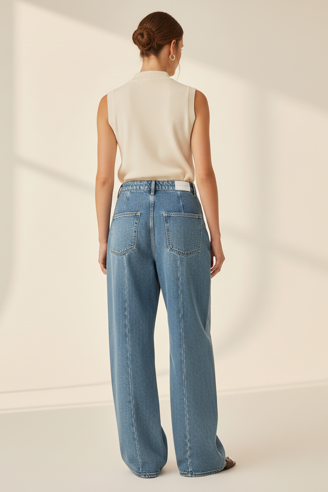 Pantalon Baggy Bleu Jean Étoiles Blanches Ample - vue 2