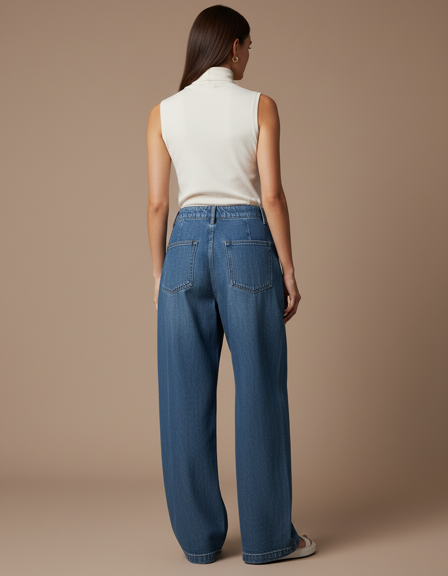 Pantalon Baggy Denim Ample Plissé Femme - Bleu Jean - vue 2