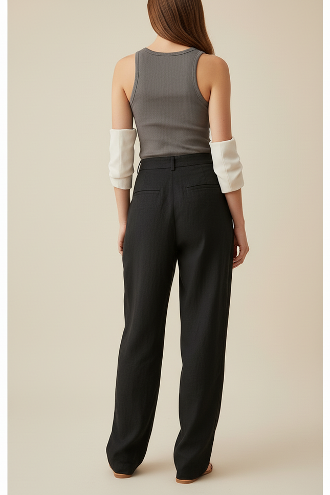 Pantalon Baggy Noir Lin Plissé Ample Fluide - vue 2