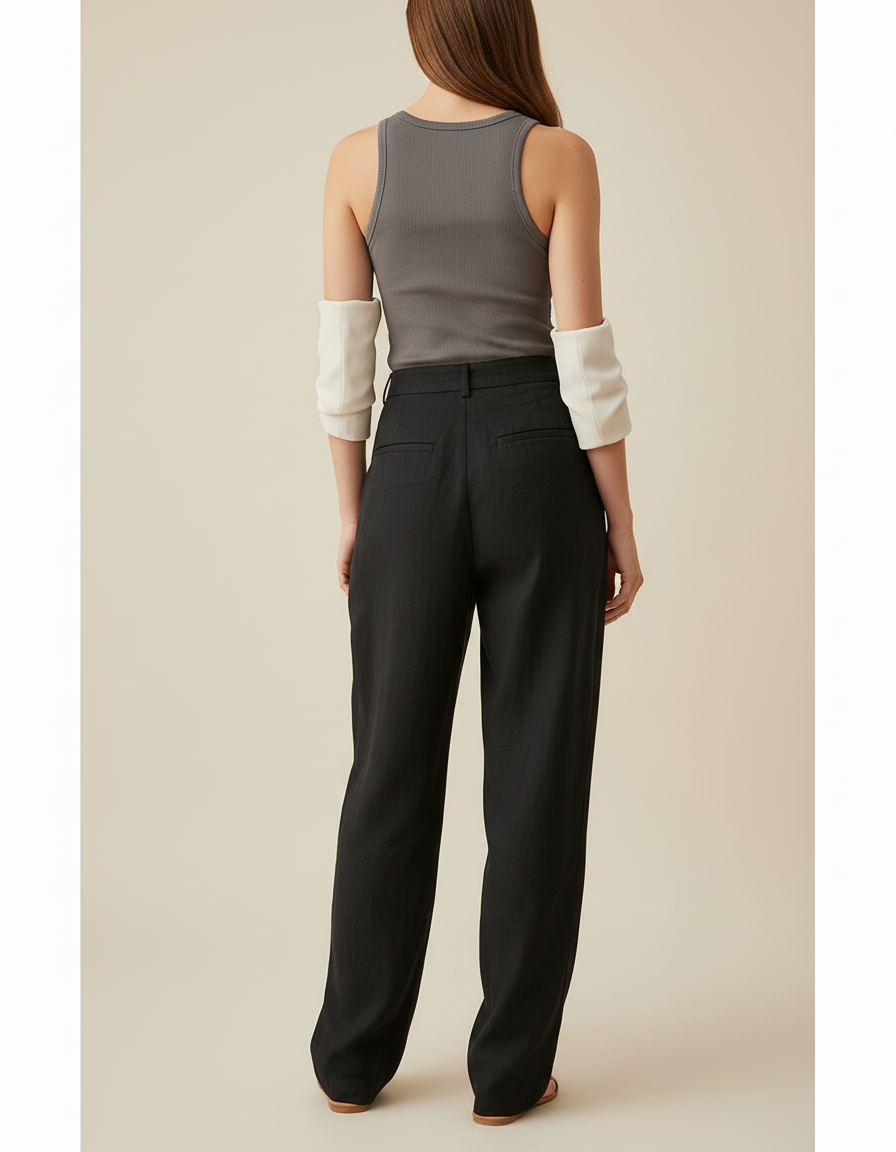 Pantalon Baggy Noir Lin Plissé Ample Fluide - vue 2