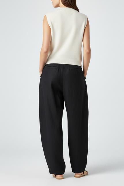 Pantalon Baggy Noir Lin Fluide Plissé Ample Femme - vue 2