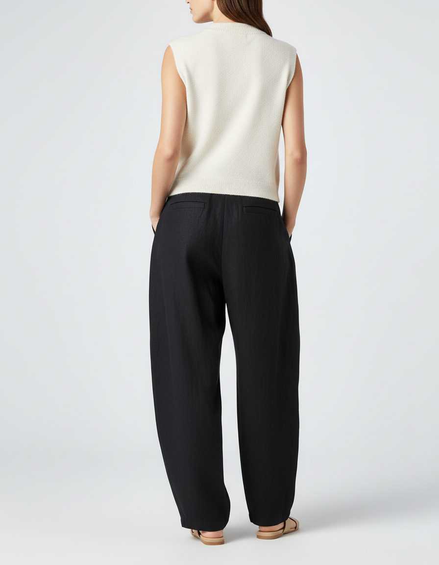 Pantalon Baggy Noir Lin Fluide Plissé Ample Femme - vue 2