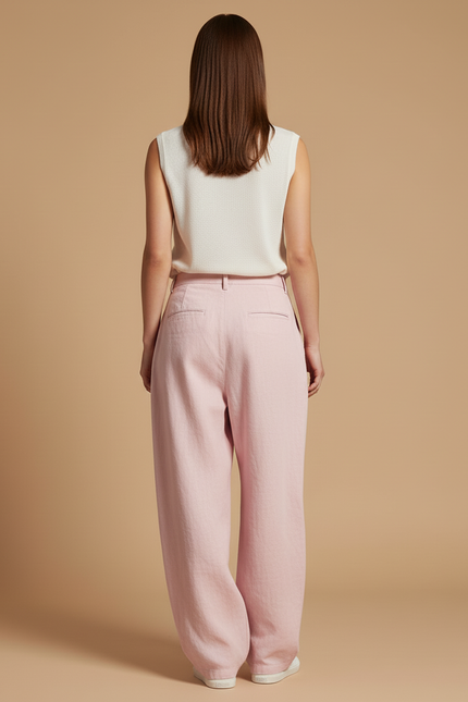 Pantalon Baggy Rose Lin Ample Plissé Confortable - vue 2