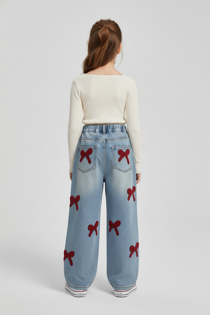 Pantalon Baggy Jean Denim Ample Nœuds Rouges Fille - Bleu - vue 2