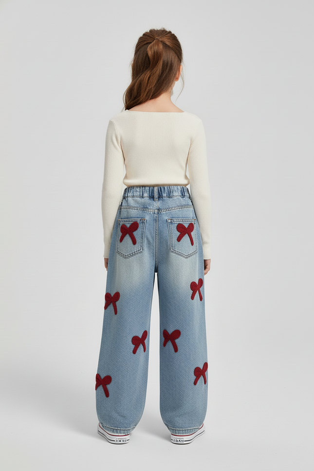 Pantalon Baggy Jean Denim Ample Nœuds Rouges Fille - Bleu - vue 2