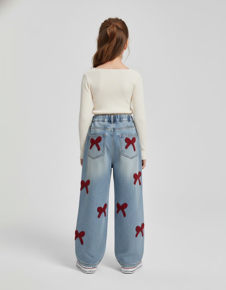 Pantalon Baggy Jean Denim Ample Nœuds Rouges Fille - Bleu - vue 2