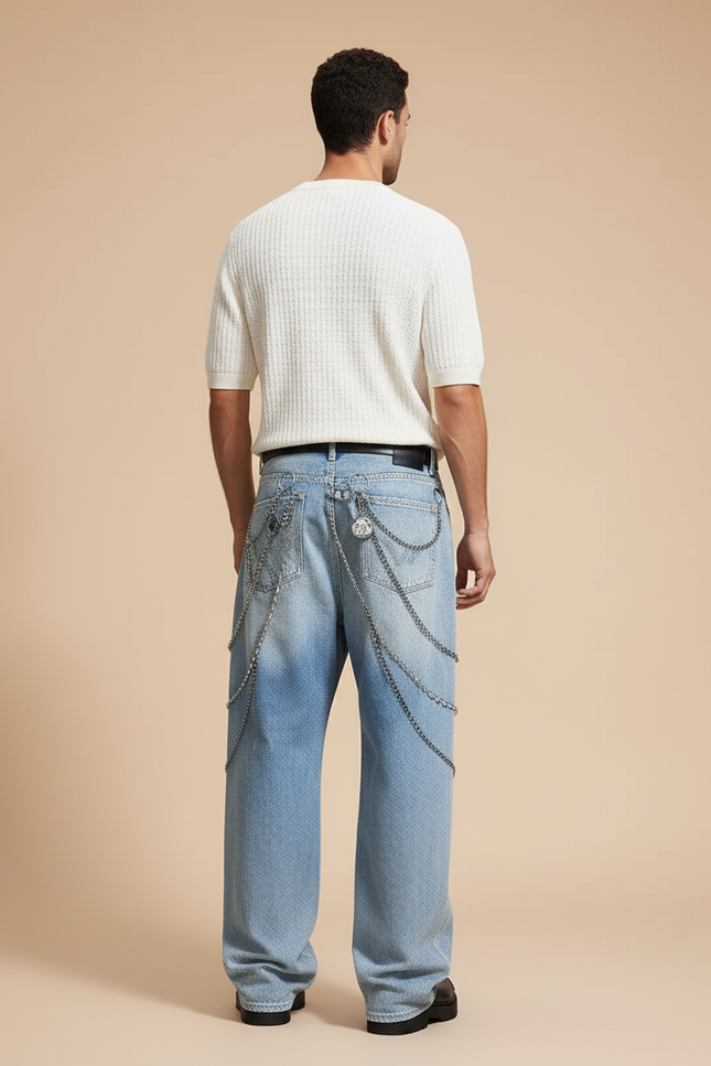 Pantalon Baggy Bleu Délavé Imprimé Chaînes Ample - Jean - vue 2