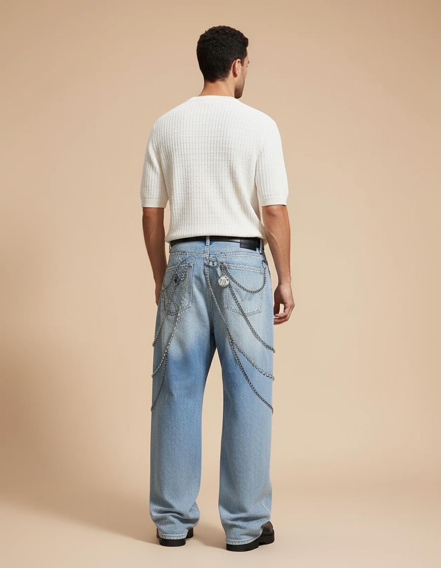 Pantalon Baggy Bleu Délavé Imprimé Chaînes Ample - Jean - vue 2