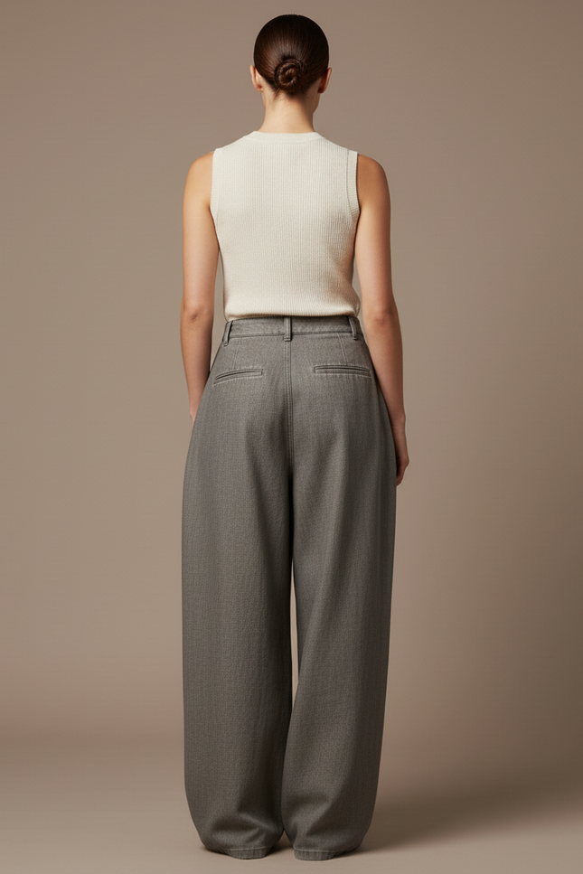 Pantalon Baggy Gris Plissé Ample Taille Haute - Gabardine - vue 2