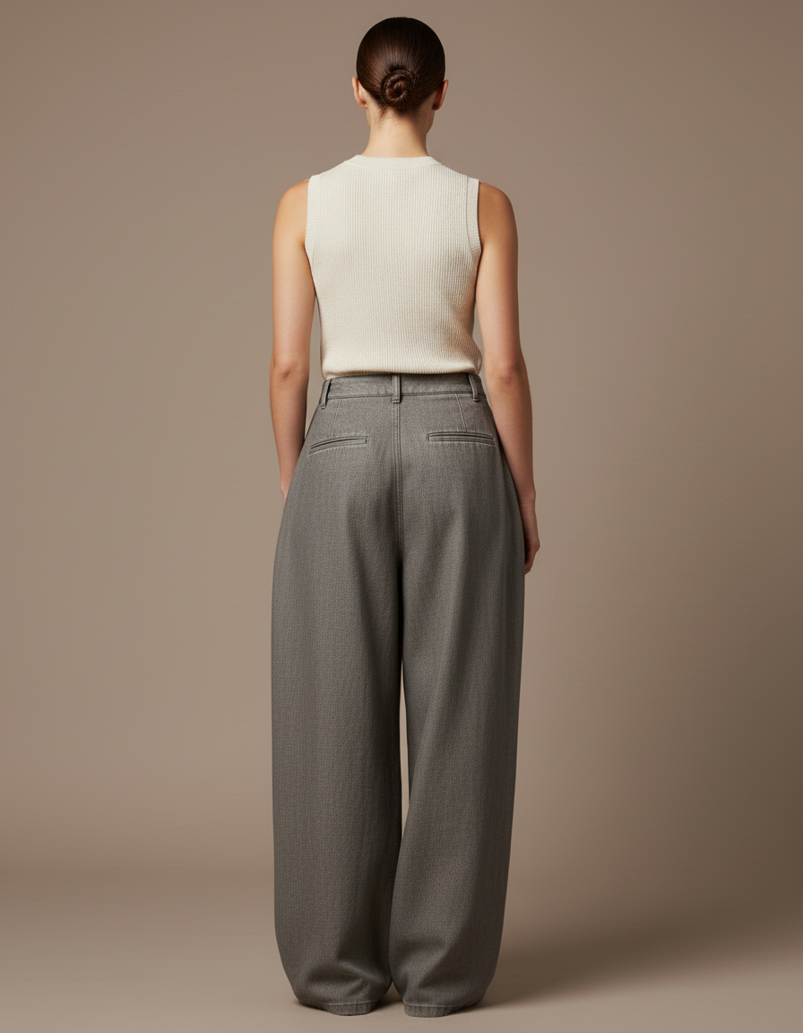 Pantalon Baggy Gris Plissé Ample Taille Haute - Gabardine - vue 2