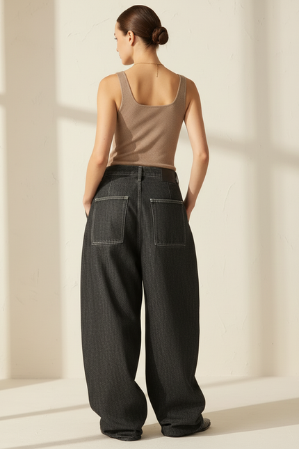 Pantalon Baggy Noir Ample Plissé Taille Haute Femme - Jean - vue 2