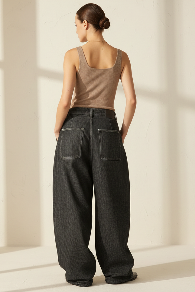 Pantalon Baggy Noir Ample Plissé Taille Haute Femme - Jean - vue 2