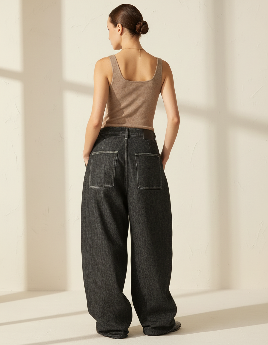 Pantalon Baggy Noir Ample Plissé Taille Haute Femme - Jean - vue 2