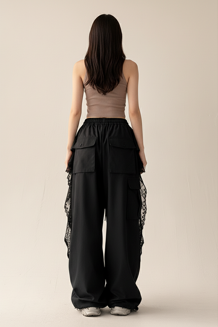 Pantalon Baggy Noir Ample Dentelle Streetwear Femme - Polyester - vue 2