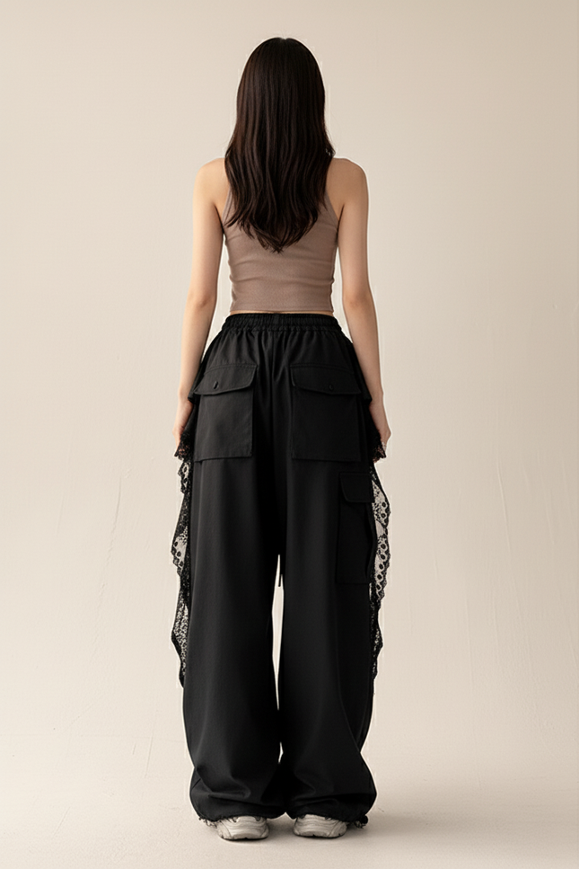 Pantalon Baggy Noir Ample Dentelle Streetwear Femme - Polyester - vue 2