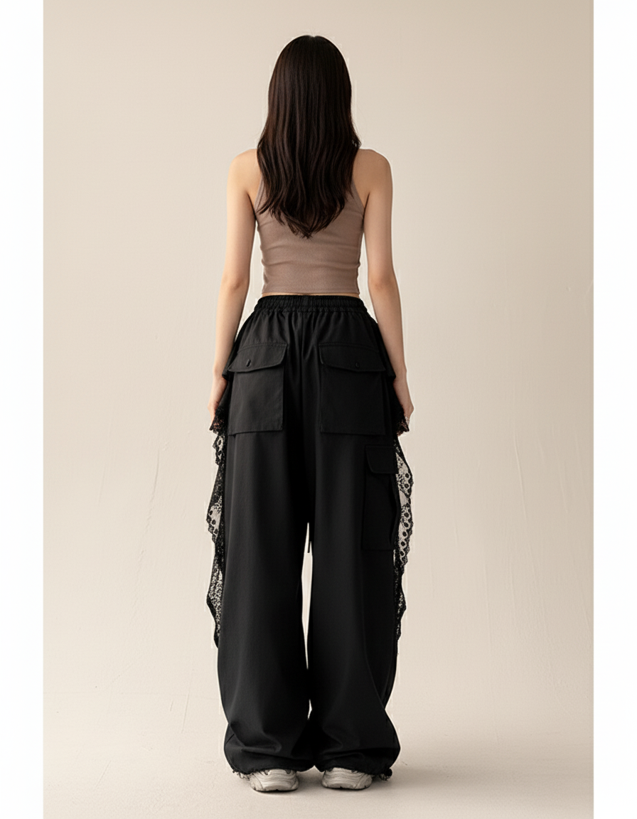 Pantalon Baggy Noir Ample Dentelle Streetwear Femme - Polyester - vue 2