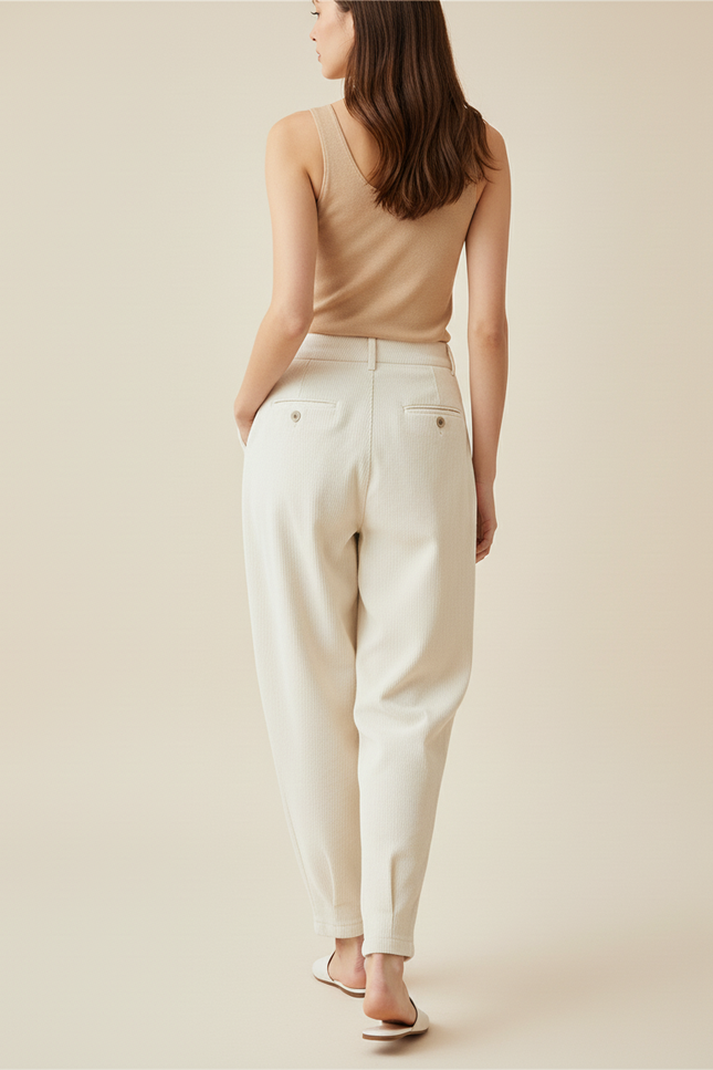 Pantalon Baggy Crème Côtelé Ample Décontracté Fluide - Beige Cordé - vue 2