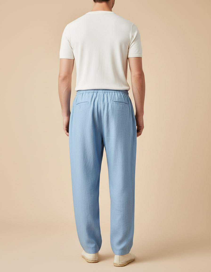 Pantalon Baggy Bleu Ciel Lin Ample Cordon Décontracté - vue 2