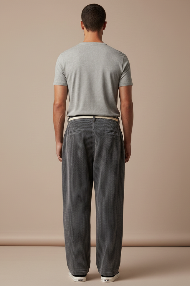 Pantalon Baggy Gris Côtelé Large Décontracté Homme - Cordé - vue 2