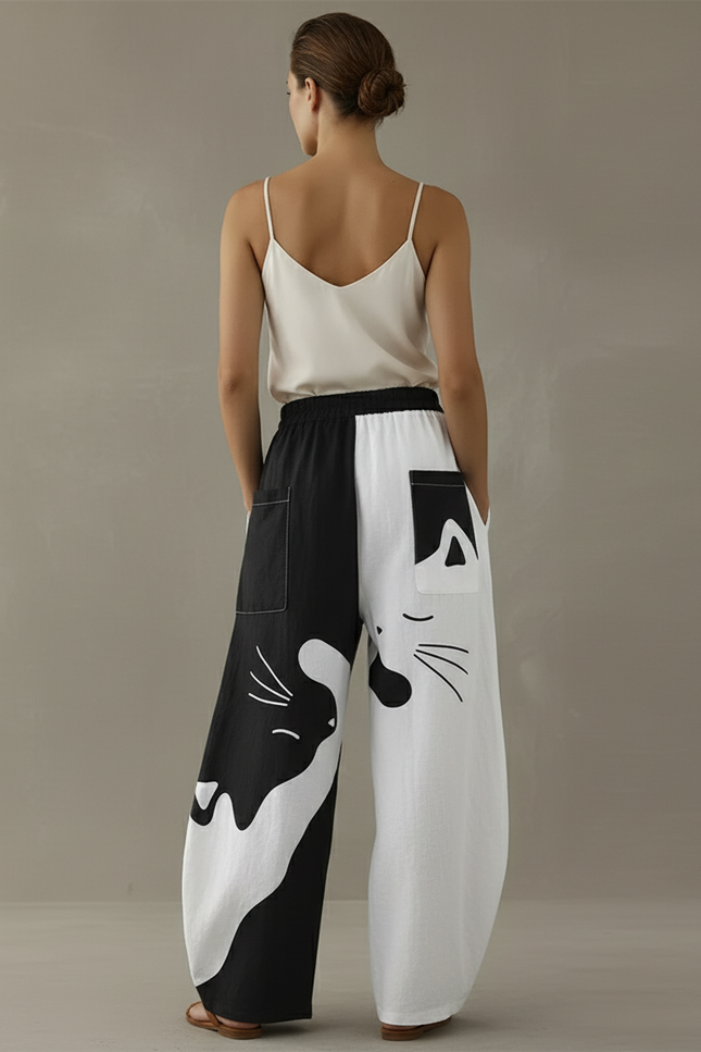 Pantalon Baggy Noir Blanc Chat Ample Fluide Décontracté - Multicolore Lin - vue 2