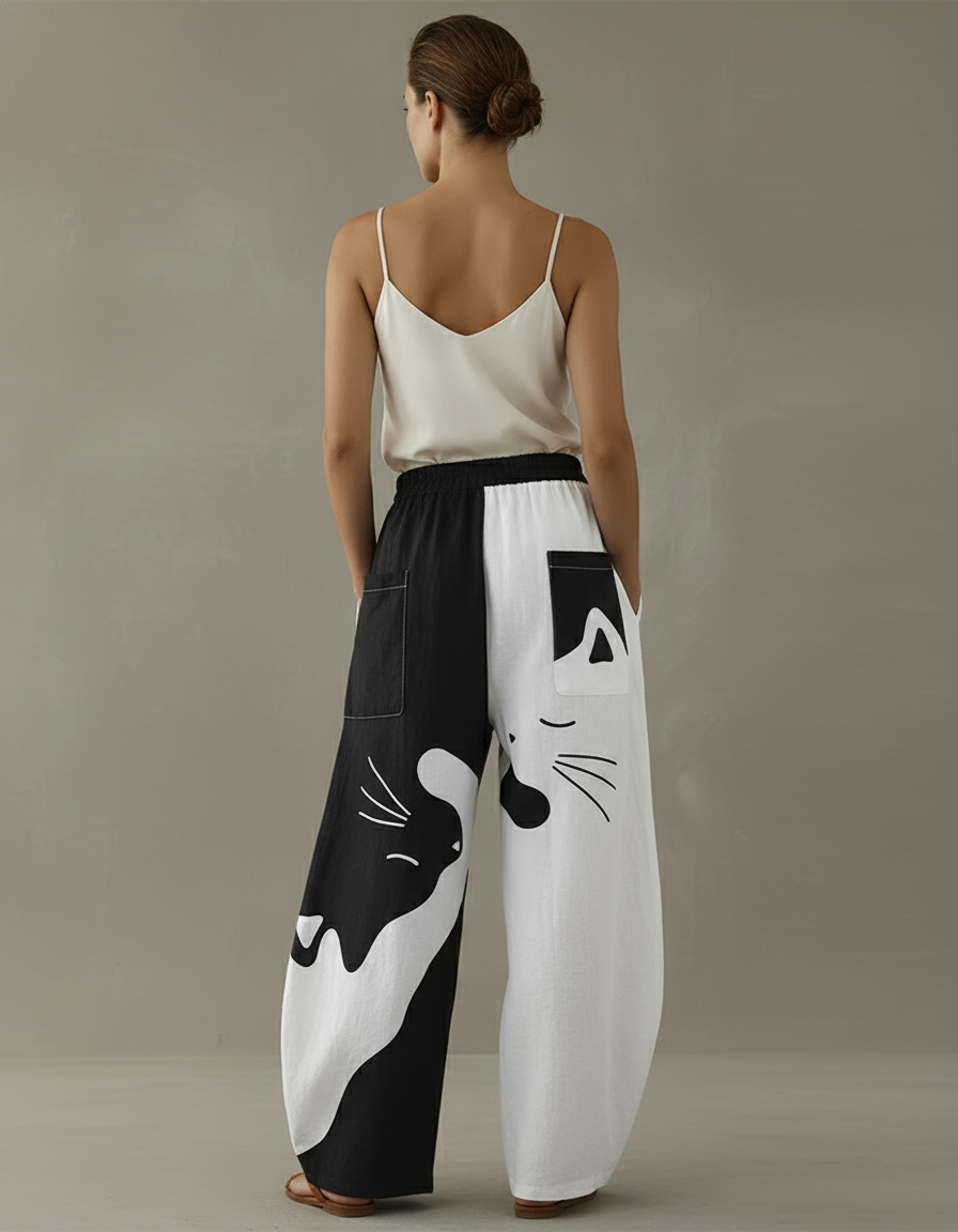 Pantalon Baggy Noir Blanc Chat Ample Fluide Décontracté - Multicolore Lin - vue 2