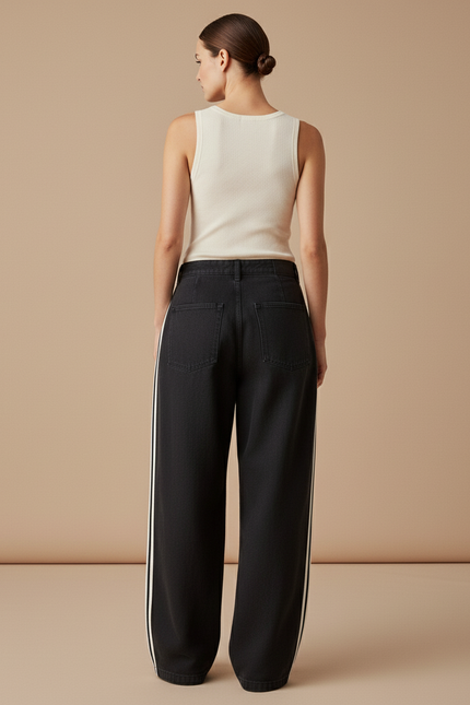 Pantalon Baggy Noir Ample Rayures Blanches Streetwear - Jean - vue 2