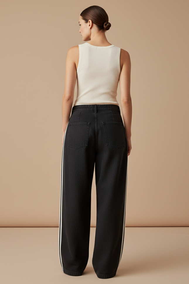 Pantalon Baggy Noir Ample Rayures Blanches Streetwear - Jean - vue 2