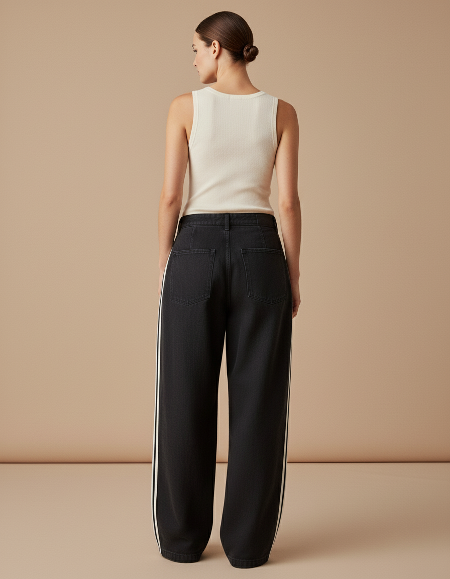 Pantalon Baggy Noir Ample Rayures Blanches Streetwear - Jean - vue 2