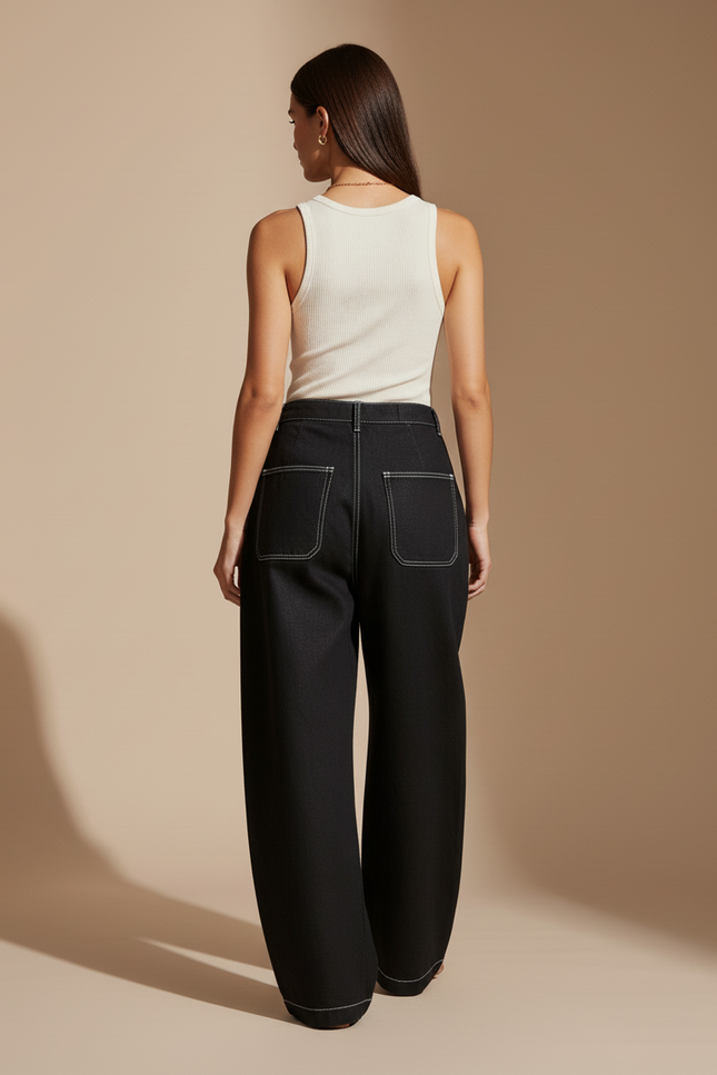 Pantalon Baggy Noir Denim Large Surpiqûres Blanches Décontracté - Jean - vue 2