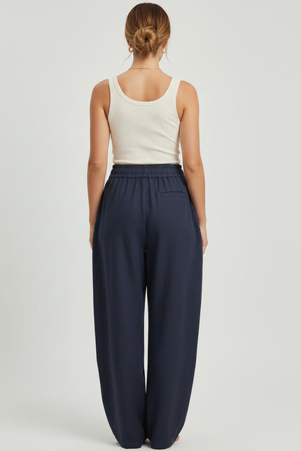 Pantalon Baggy Bleu Marine Lin Ample Fluide Cordon - vue 2