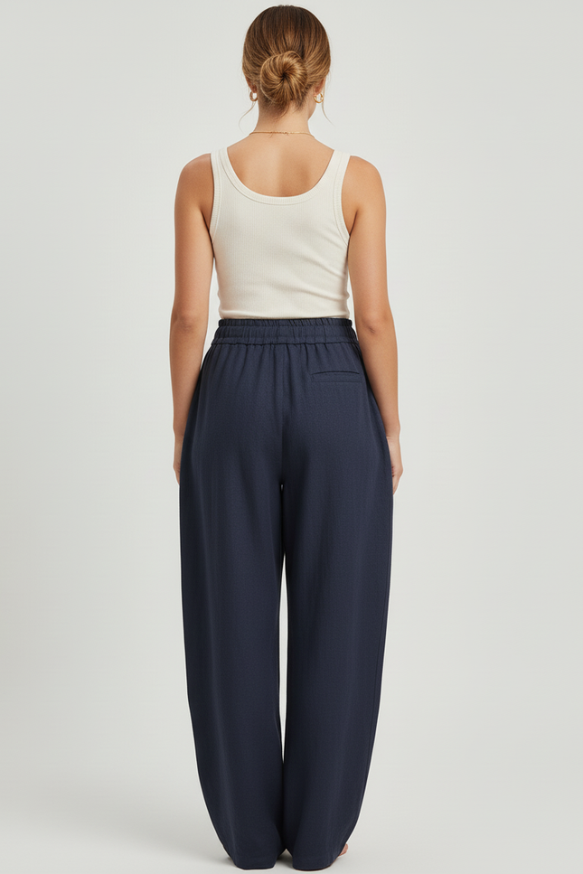 Pantalon Baggy Bleu Marine Lin Ample Fluide Cordon - vue 2