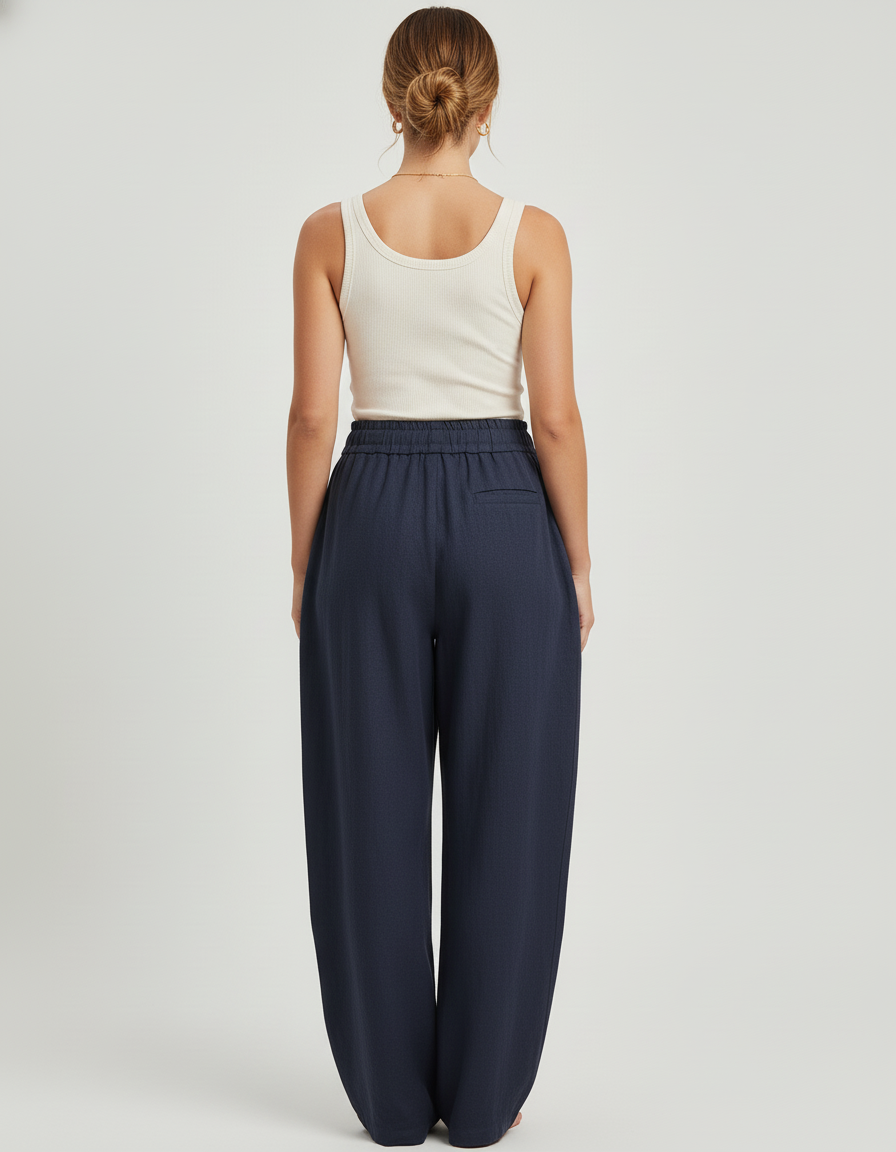 Pantalon Baggy Bleu Marine Lin Ample Fluide Cordon - vue 2