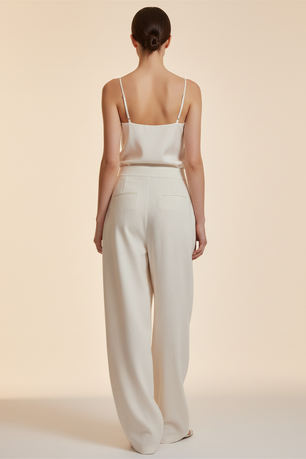 Pantalon Baggy Blanc Cassé Ample Plissé Fluide - Beige Lin - vue 2