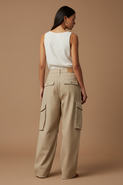 Pantalon Baggy Beige Cargo Ample Coton Oversize - vue 2